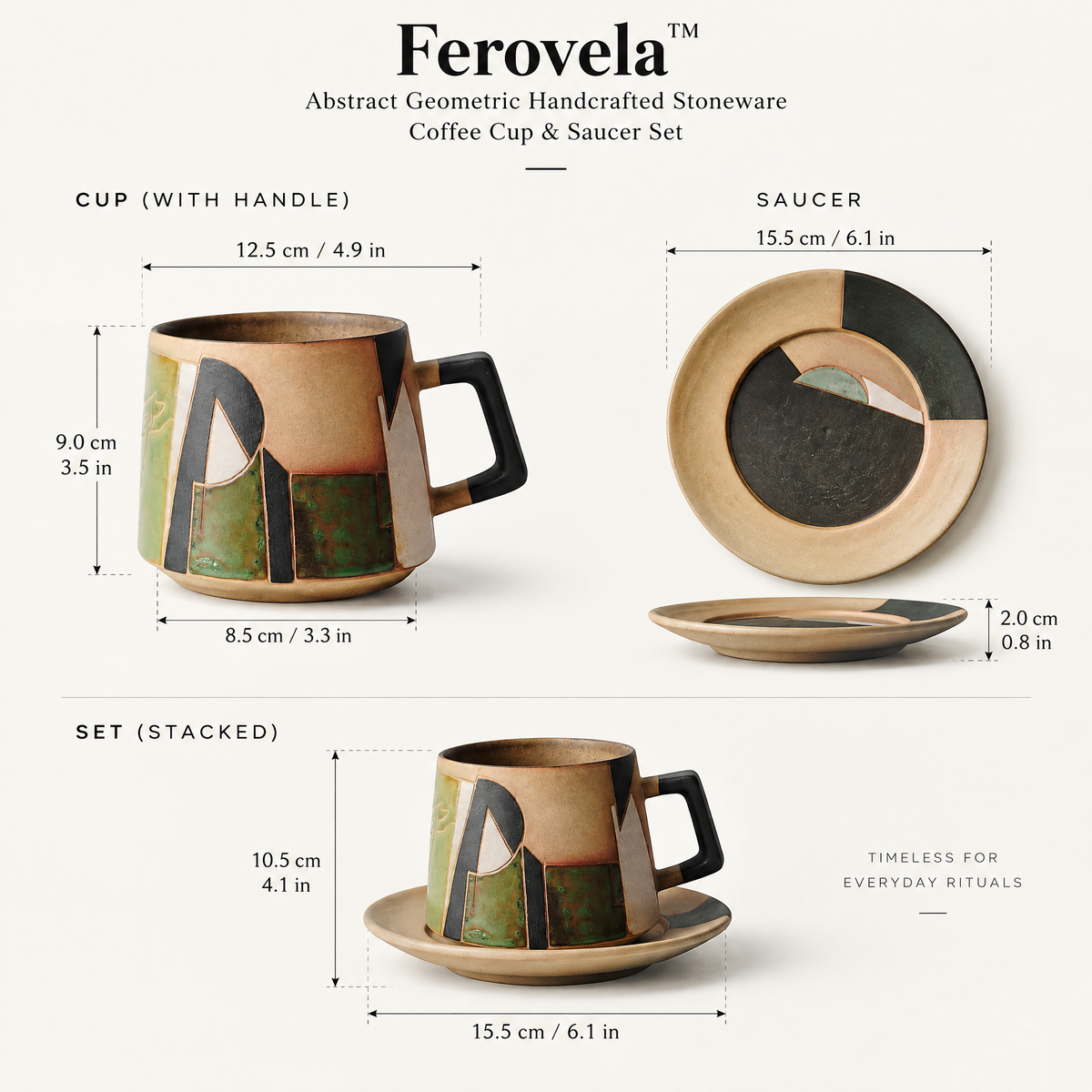 Ferovela™ Abstract Geometric Handcrafted Stoneware Coffee Cup & Saucer Set