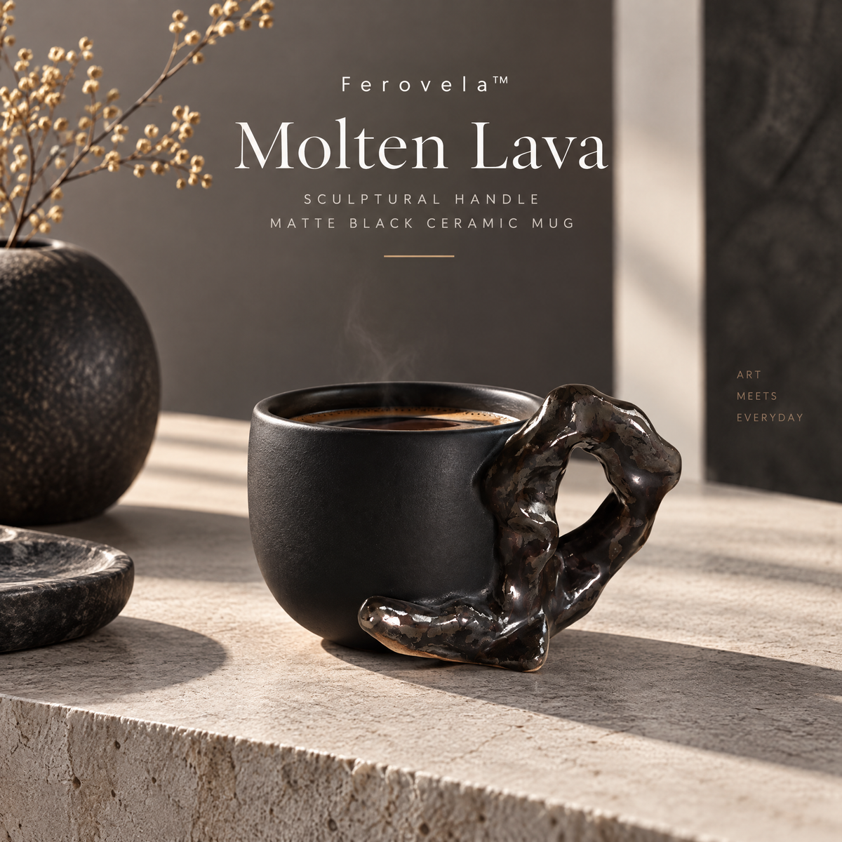 Ferovela™ Molten Lava Sculptural Handle Matte Black Ceramic Mug