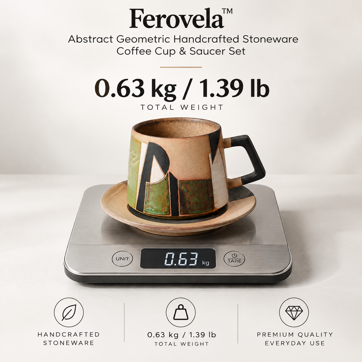 Ferovela™ Abstract Geometric Handcrafted Stoneware Coffee Cup & Saucer Set
