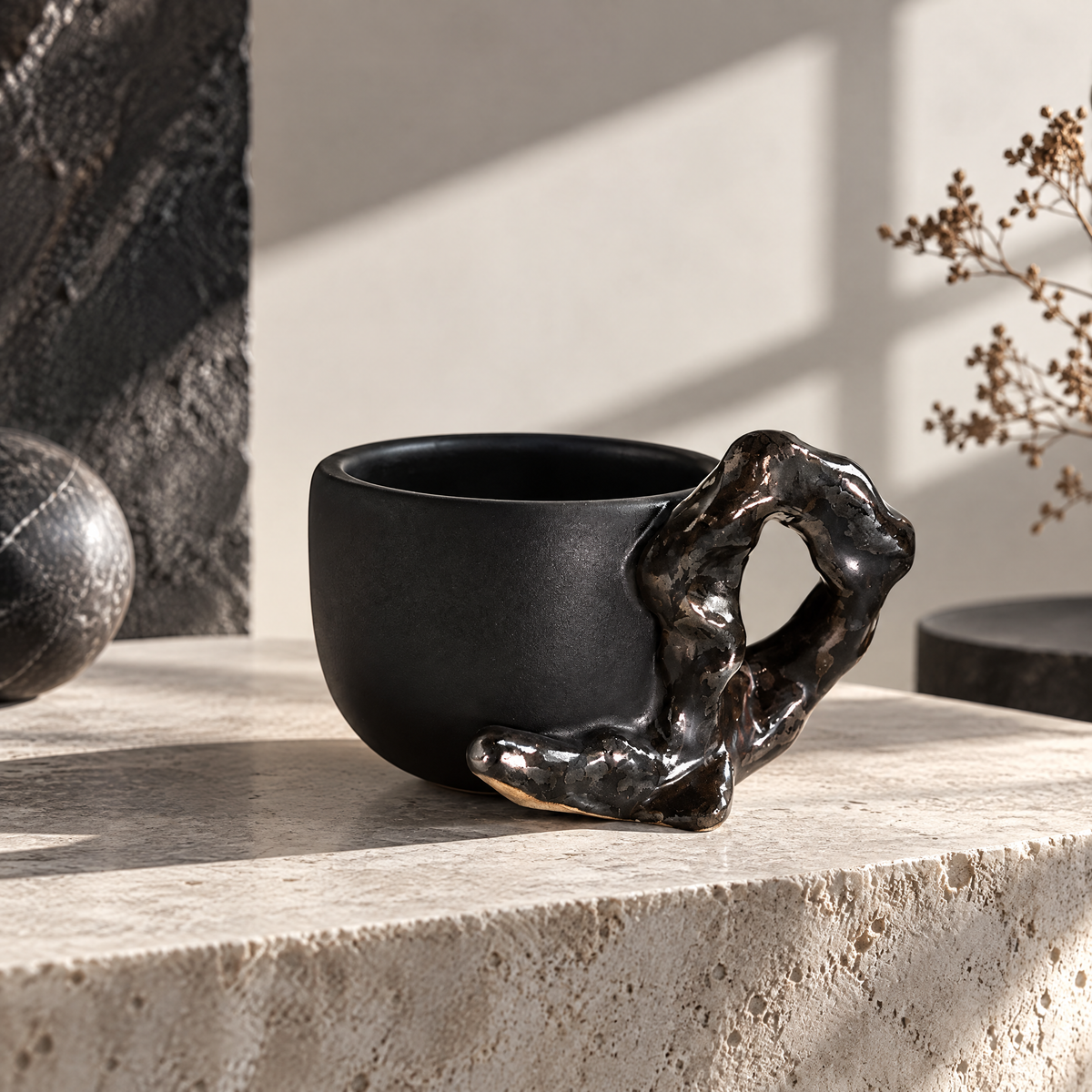 Ferovela™ Molten Lava Sculptural Handle Matte Black Ceramic Mug
