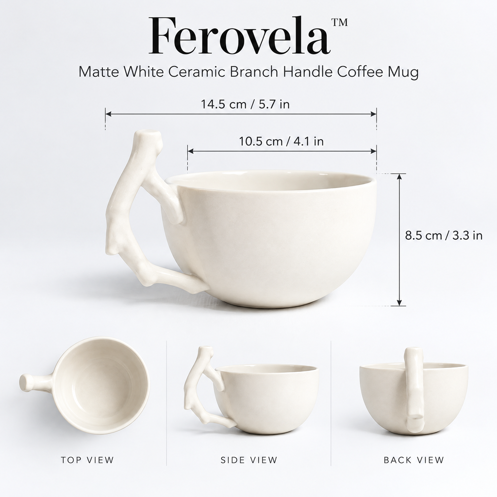 Ferovela™ Matte White Ceramic Branch Handle Coffee Mug