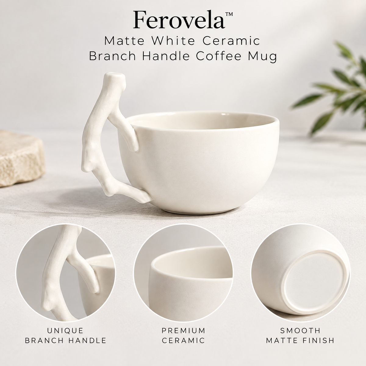 Ferovela™ Matte White Ceramic Branch Handle Coffee Mug