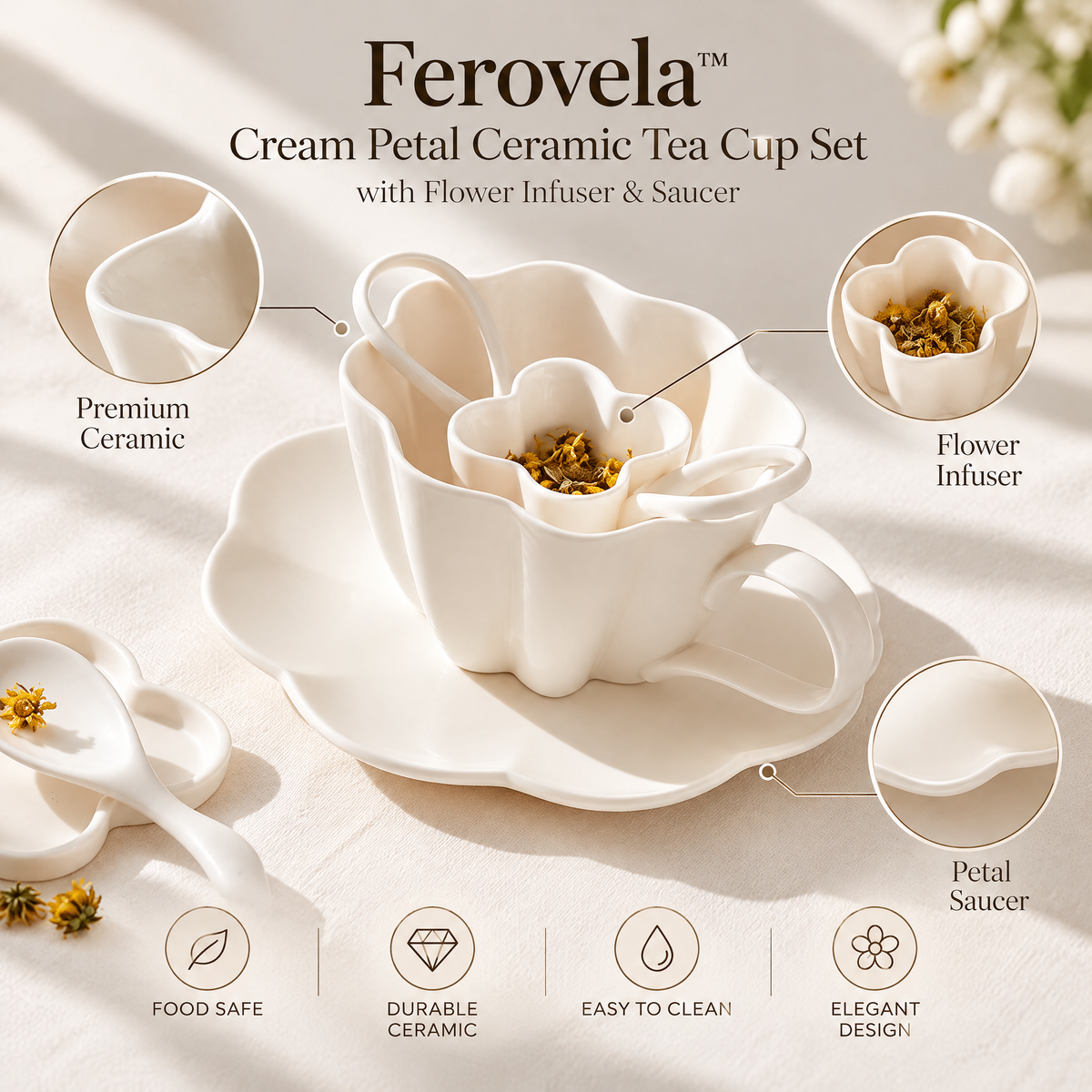 Ferovela™ Cream Petal Ceramic Tea Cup Set with Flower Infuser & Saucer