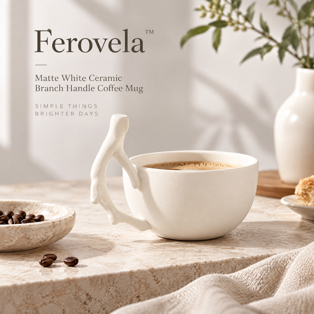Ferovela™ Matte White Ceramic Branch Handle Coffee Mug