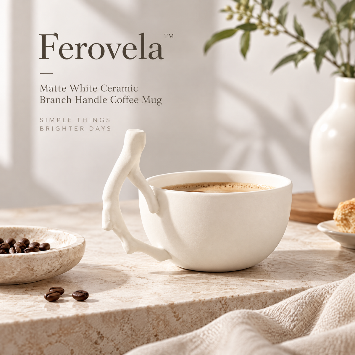 Ferovela™ Matte White Ceramic Branch Handle Coffee Mug