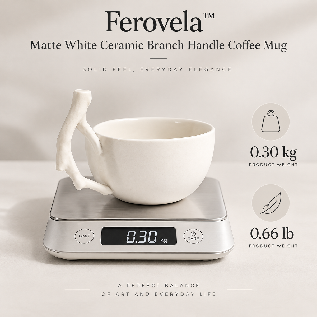 Ferovela™ Matte White Ceramic Branch Handle Coffee Mug