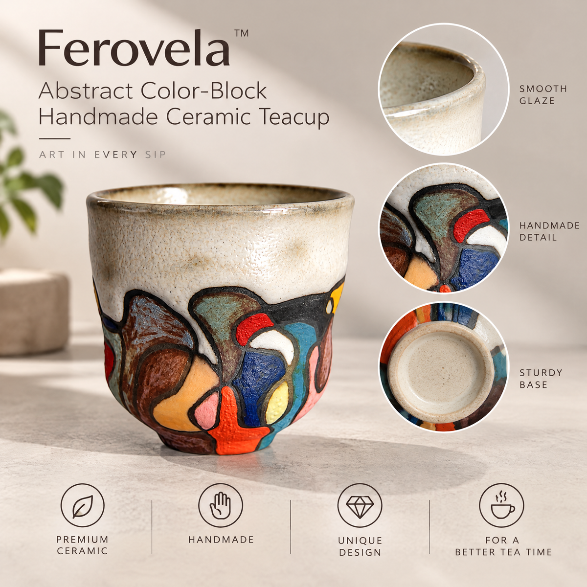 Ferovela™ Abstract Color-Block Handmade Ceramic Teacup