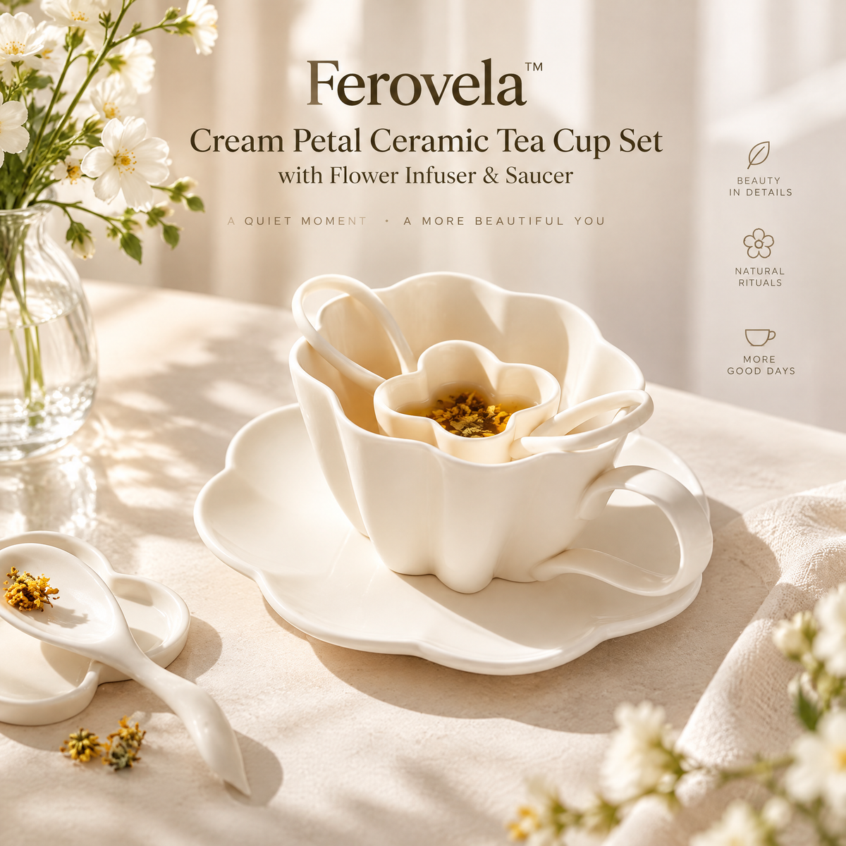 Ferovela™ Cream Petal Ceramic Tea Cup Set with Flower Infuser & Saucer