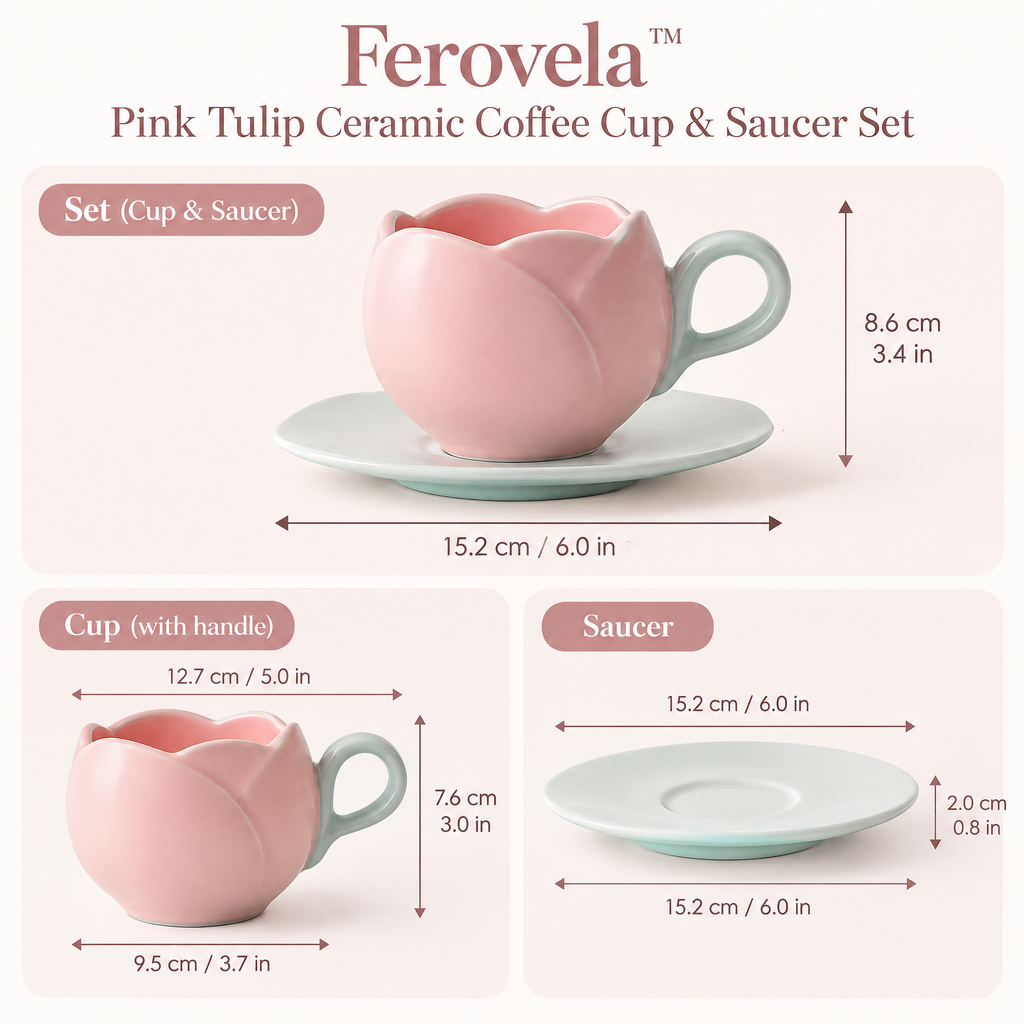 Ferovela™ Pink Tulip Ceramic Coffee Cup & Saucer Set