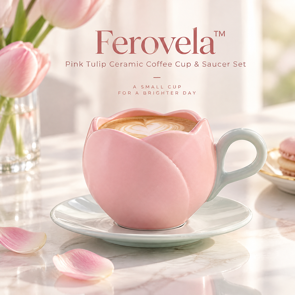 Ferovela™ Pink Tulip Ceramic Coffee Cup & Saucer Set