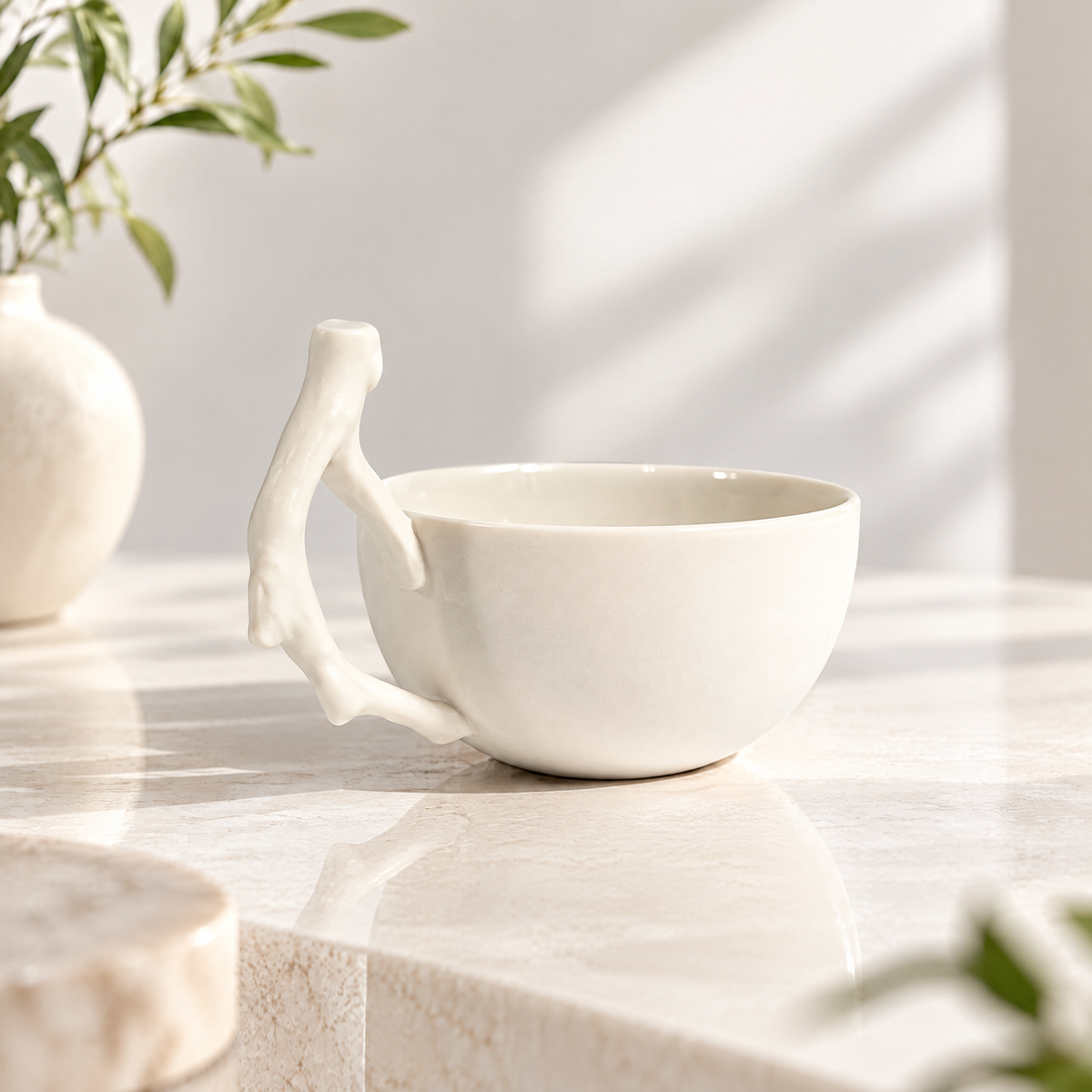Ferovela™ Matte White Ceramic Branch Handle Coffee Mug