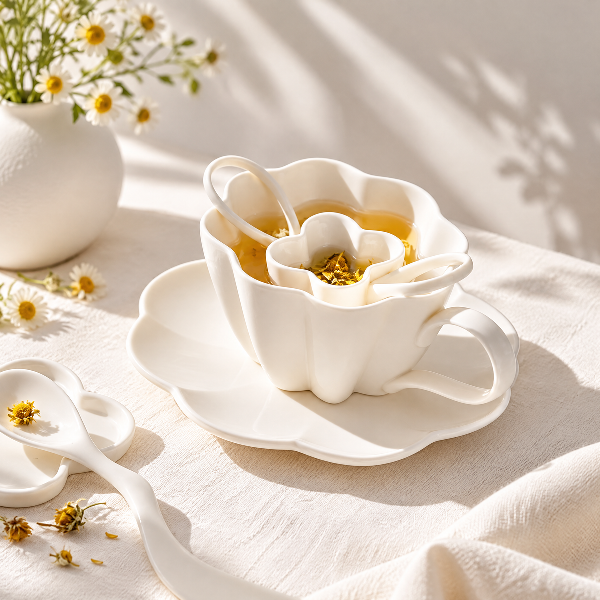 Ferovela™ Cream Petal Ceramic Tea Cup Set with Flower Infuser & Saucer