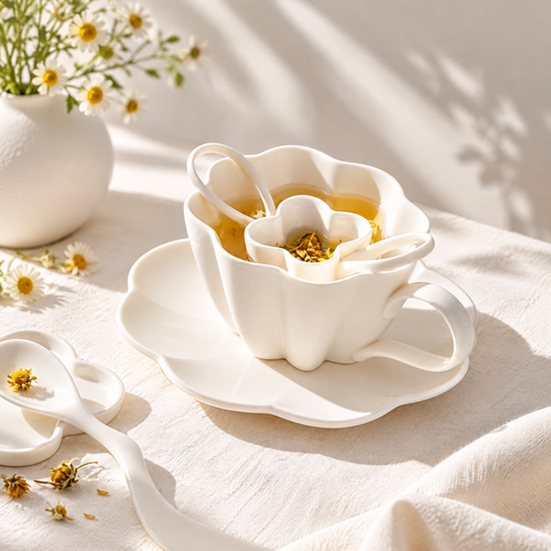 Ferovela™ Cream Petal Ceramic Tea Cup Set with Flower Infuser & Saucer