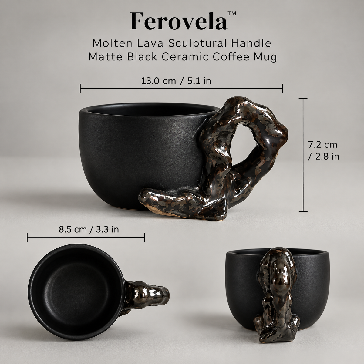 Ferovela™ Molten Lava Sculptural Handle Matte Black Ceramic Mug