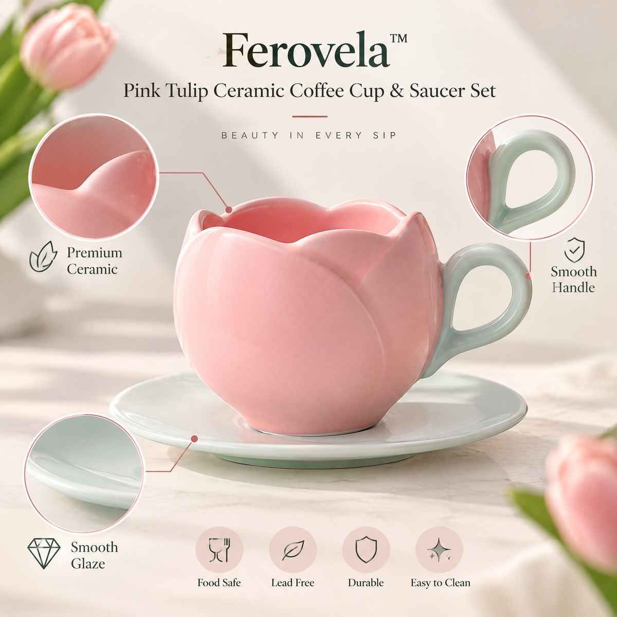 Ferovela™ Pink Tulip Ceramic Coffee Cup & Saucer Set