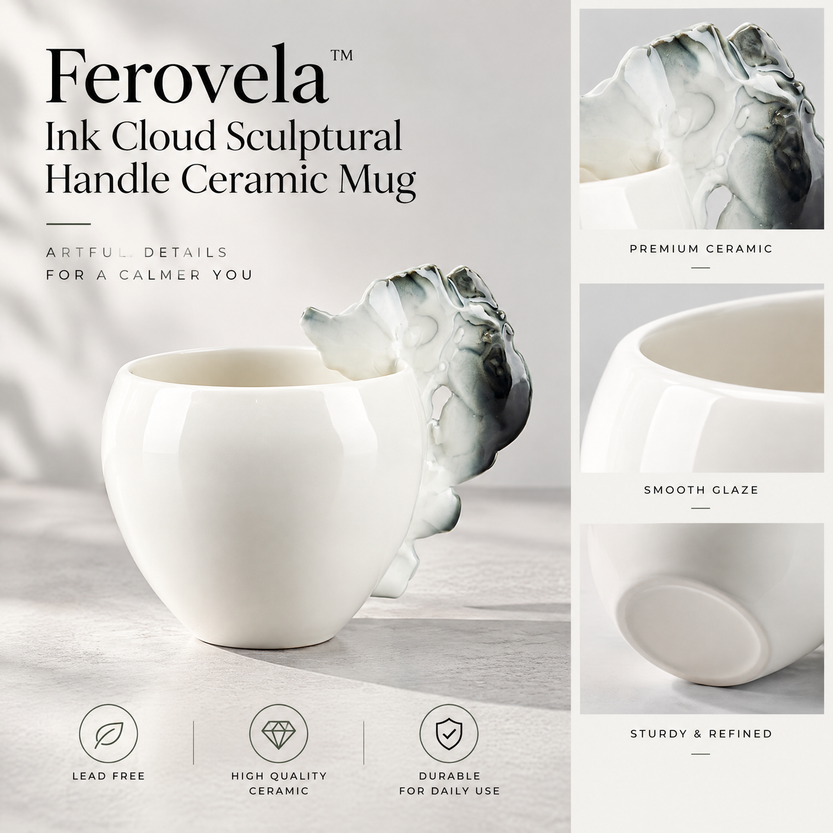 Ferovela™ Ink Cloud Sculptural Handle Ceramic Mug