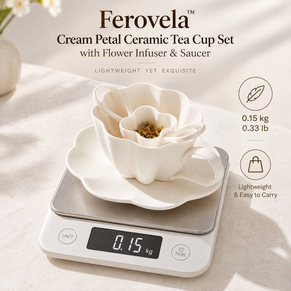 Ferovela™ Cream Petal Ceramic Tea Cup Set with Flower Infuser & Saucer