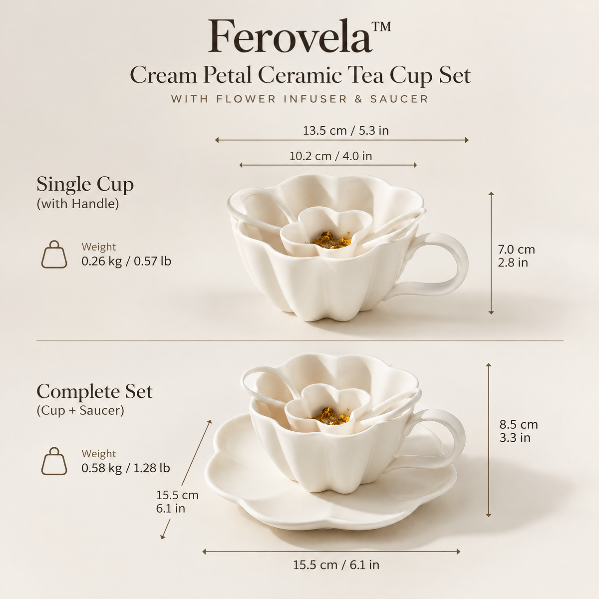 Ferovela™ Cream Petal Ceramic Tea Cup Set with Flower Infuser & Saucer
