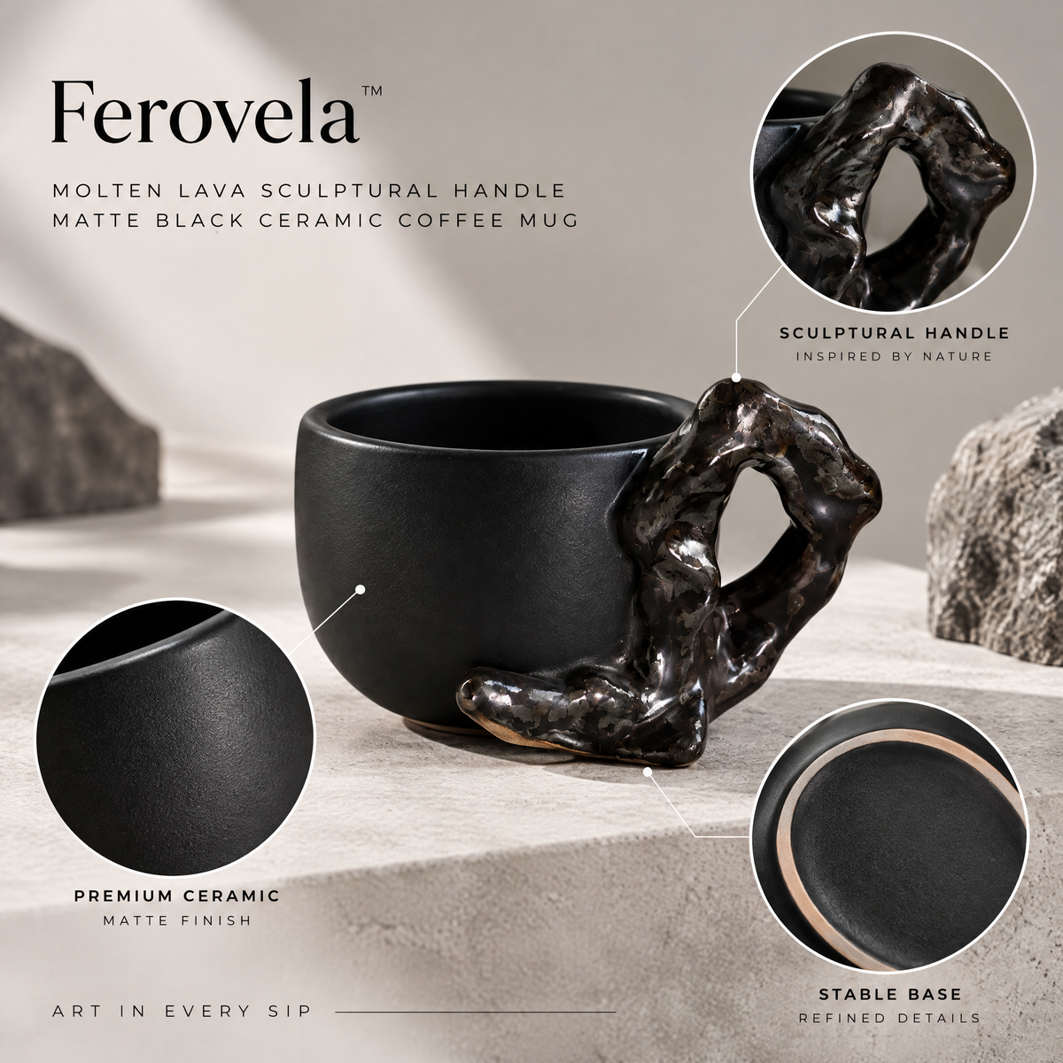 Ferovela™ Molten Lava Sculptural Handle Matte Black Ceramic Mug