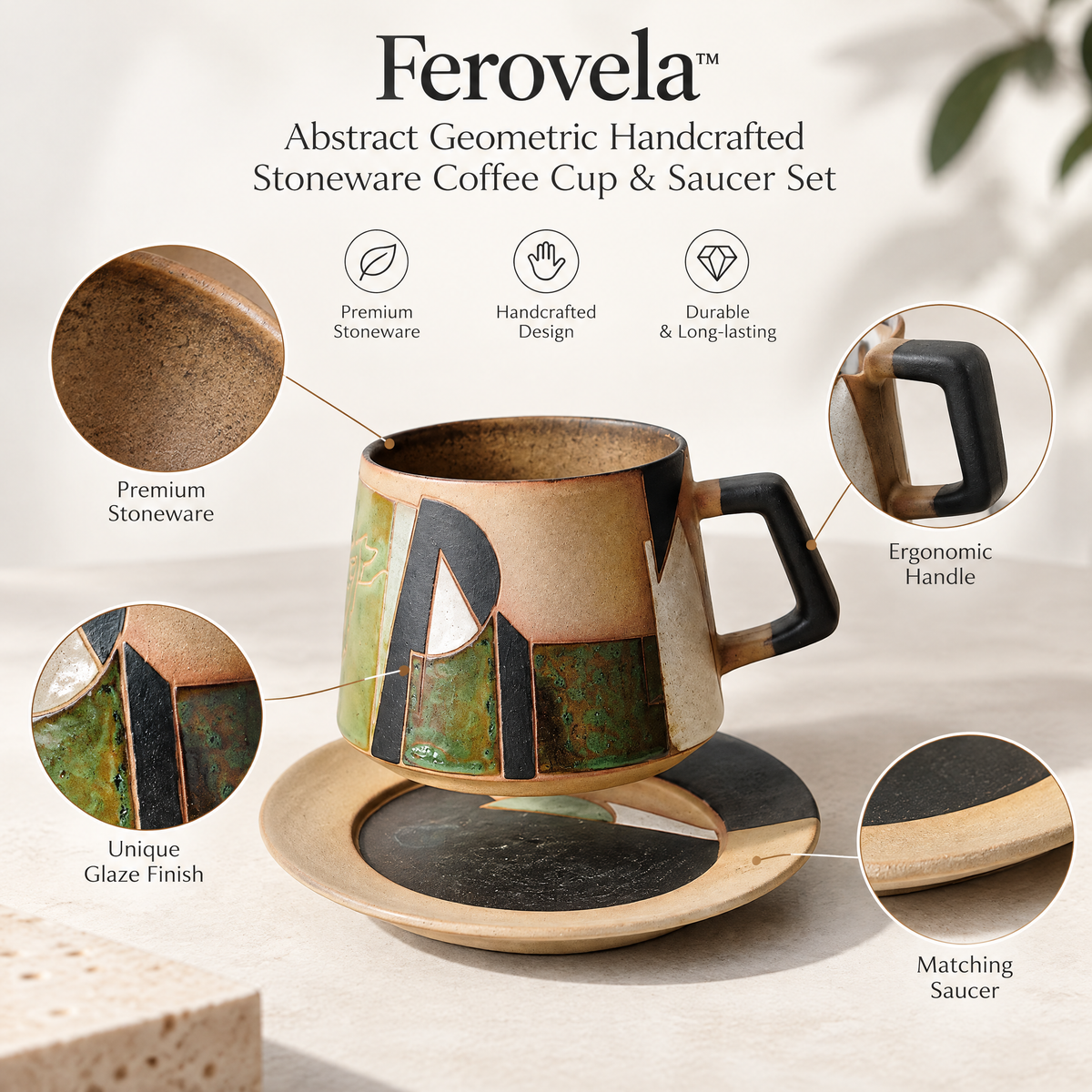 Ferovela™ Abstract Geometric Handcrafted Stoneware Coffee Cup & Saucer Set