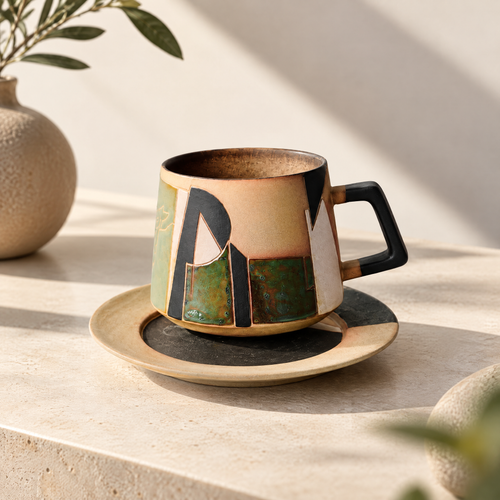 Ferovela™ Abstract Geometric Handcrafted Stoneware Coffee Cup & Saucer Set