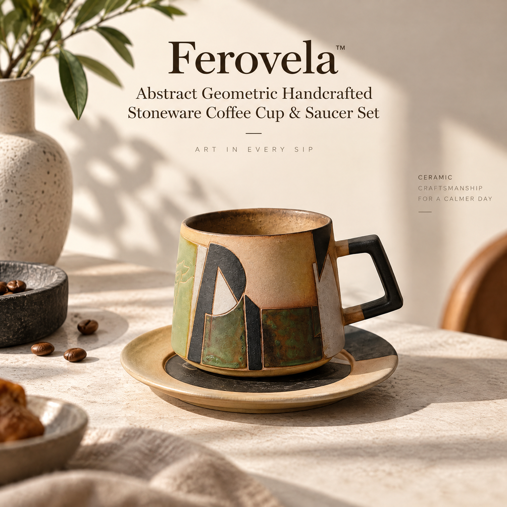 Ferovela™ Abstract Geometric Handcrafted Stoneware Coffee Cup & Saucer Set