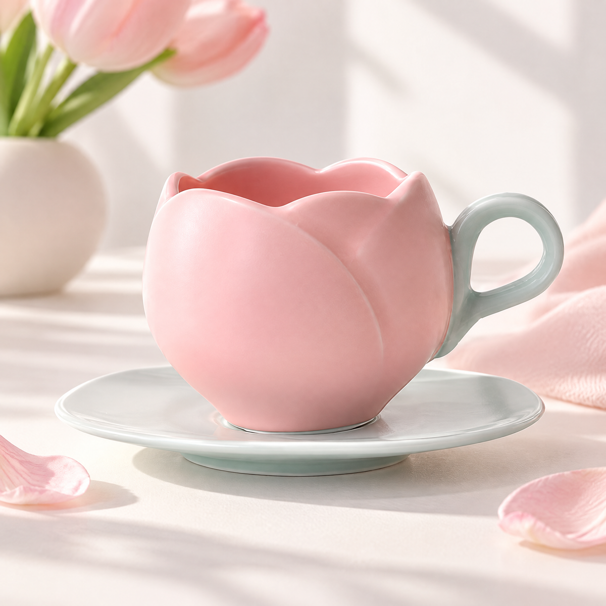 Ferovela™ Pink Tulip Ceramic Coffee Cup & Saucer Set