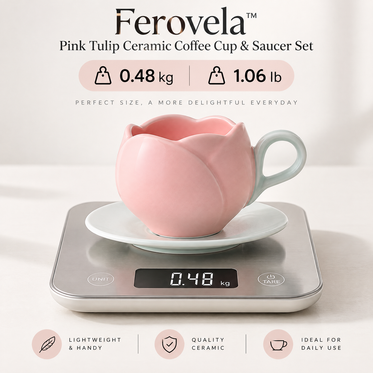 Ferovela™ Pink Tulip Ceramic Coffee Cup & Saucer Set